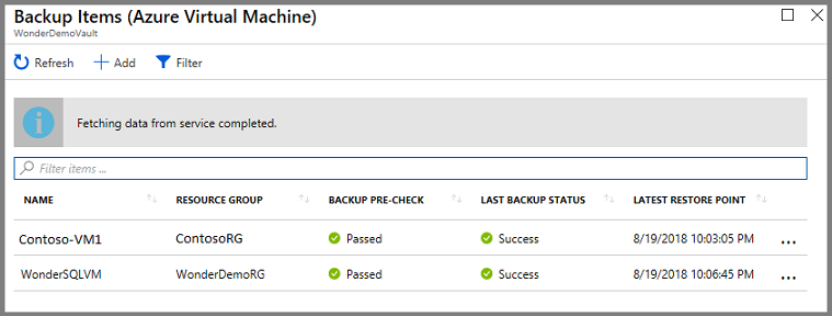 Screenshot that shows the list of protected VMs.