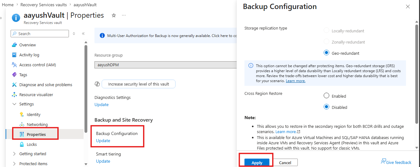 Set the storage configuration for new vault