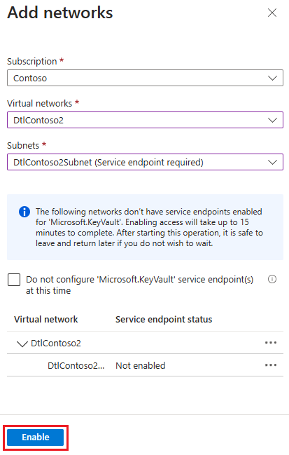Screenshot that shows enabling a virtual network and subnet in a key vault.