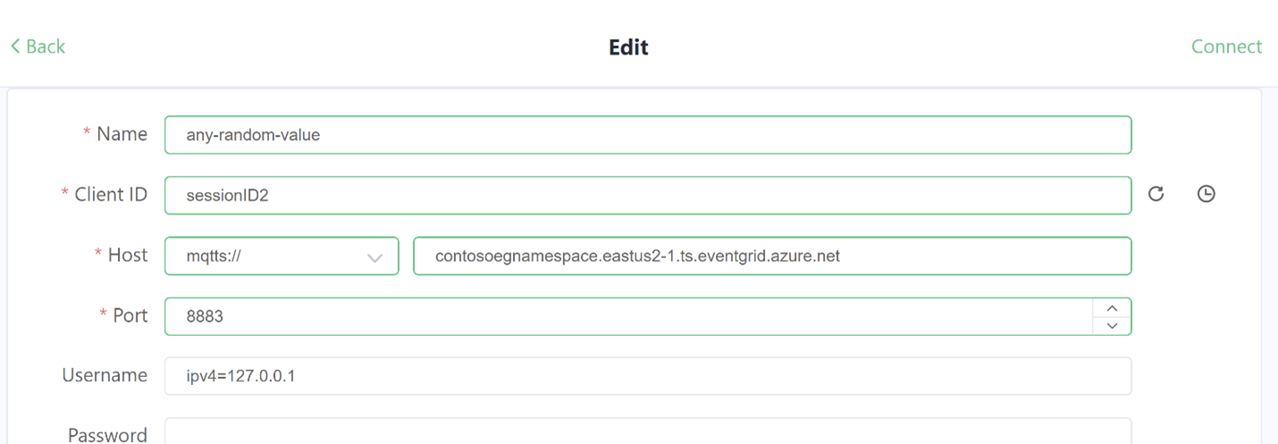 creenshot showing the MQTTX application client configuration with second session.