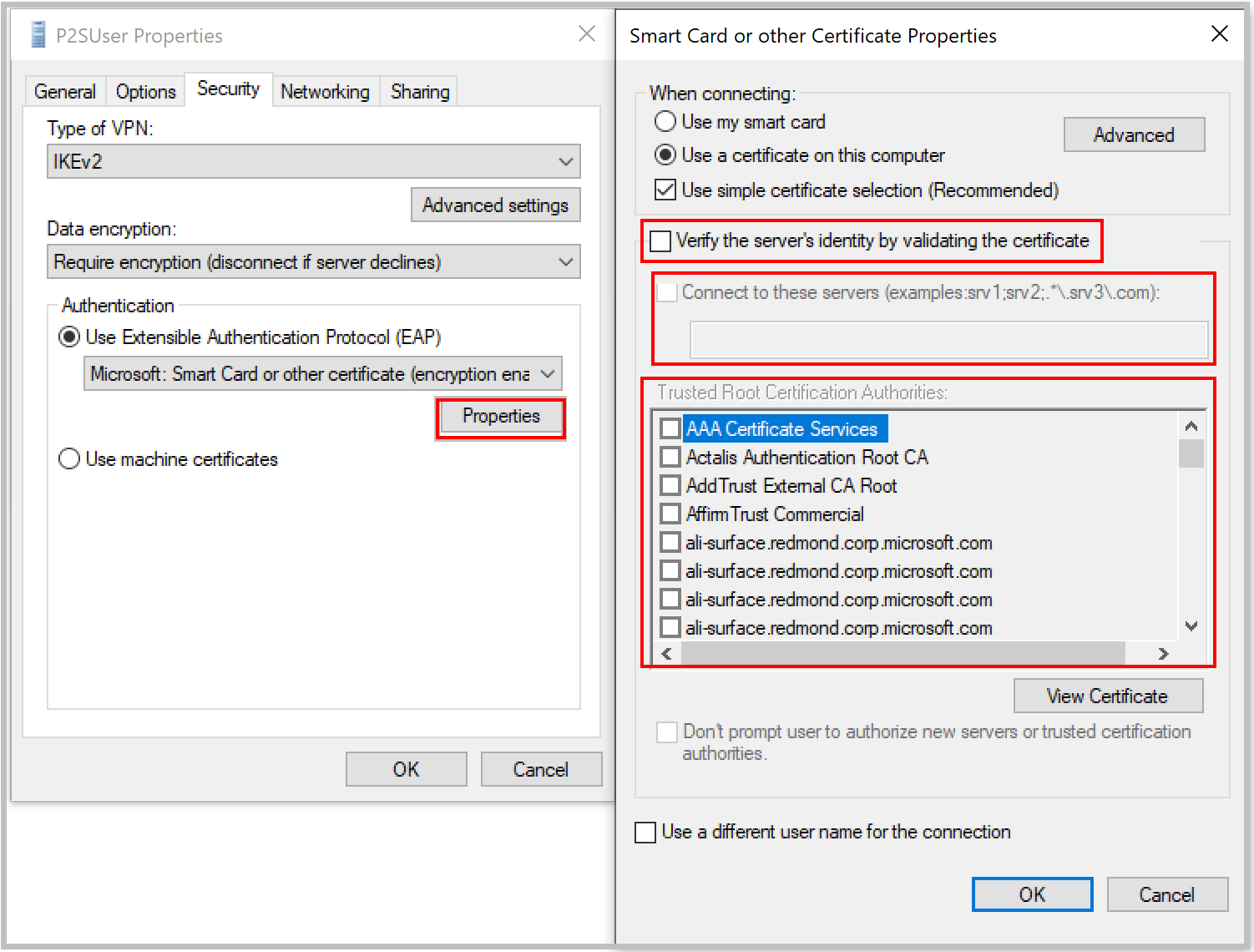 Screenshot that shows properties for point-to-site authentication.