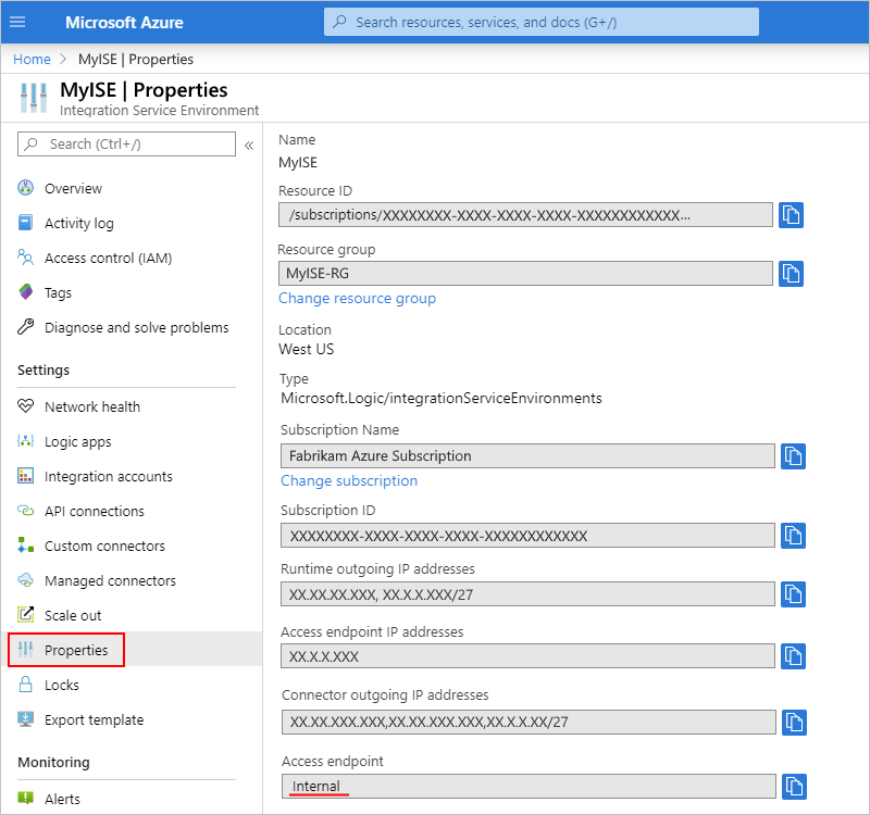 Screenshot shows Azure portal, ISE menu, with the options selected for Settings, Properties, and Access endpoint.