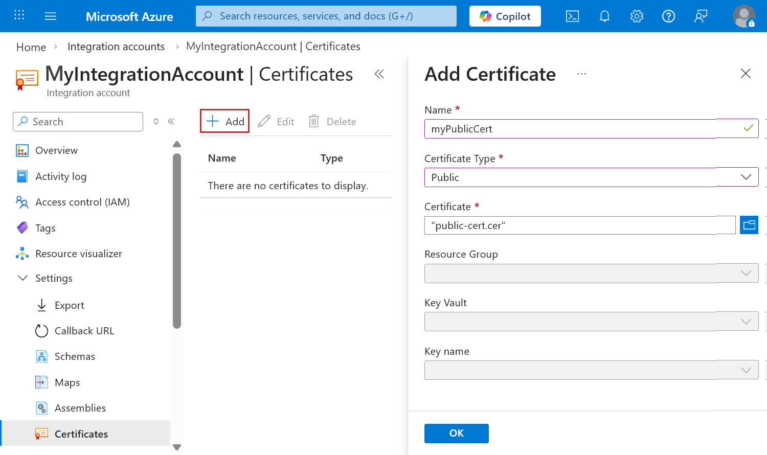 Screenshot showing the Azure portal and integration account with "Add" selected and the "Add Certificate" pane with public certificate details.