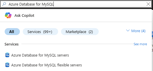 Screenshot that shows a search for Azure Database for MySQL servers.