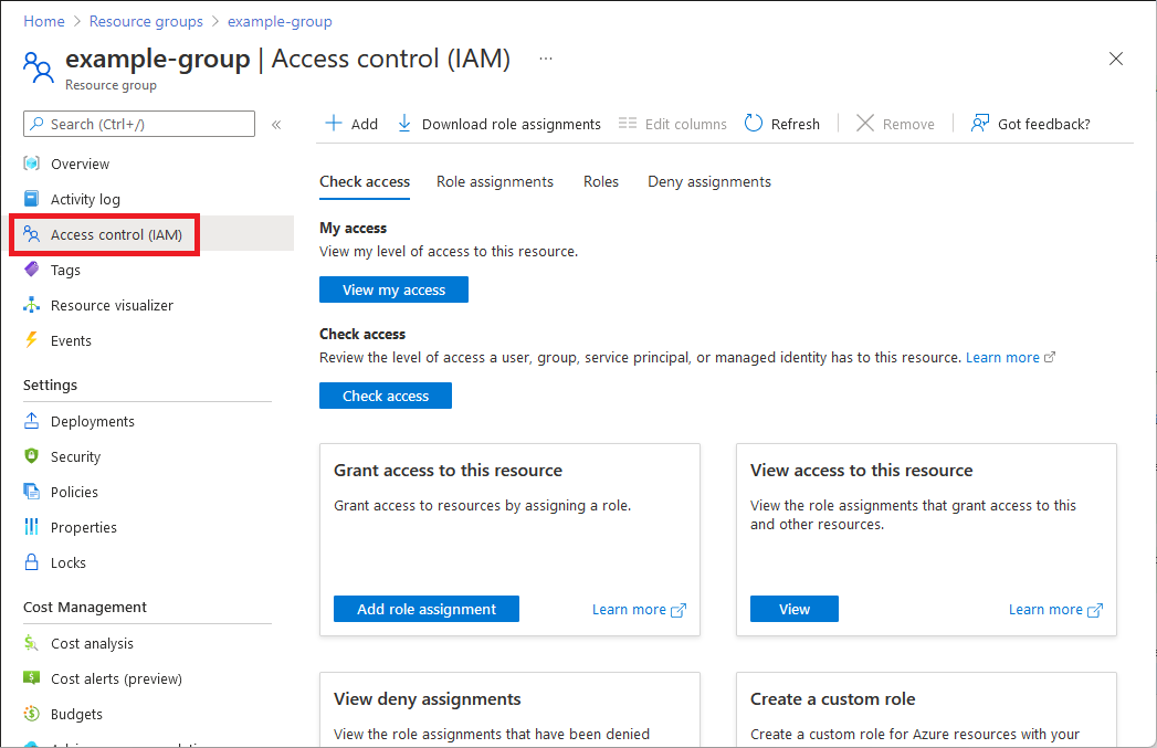 Screenshot of Access control (IAM) page for a resource group.