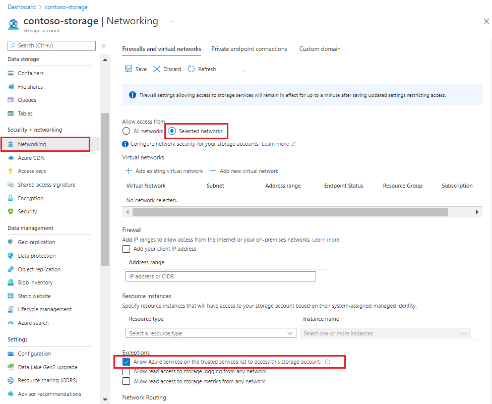 Screenshot of the firewall and networking page for Azure Storage in the portal.