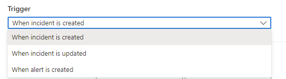 Screenshot of selecting the incident create or incident update trigger.