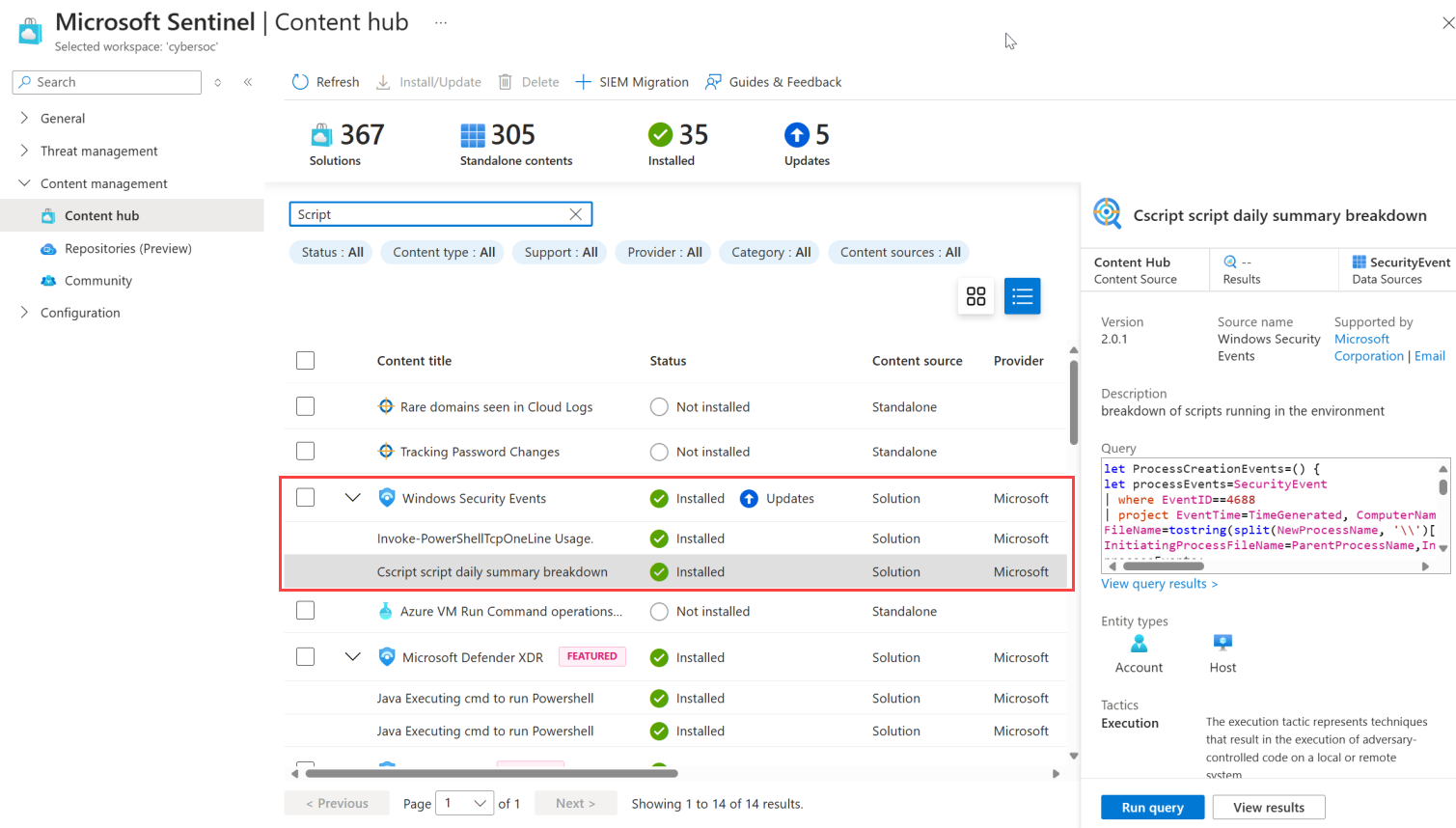Skjermbilde av Microsoft Sentinel innholdshub i Azure Portal.