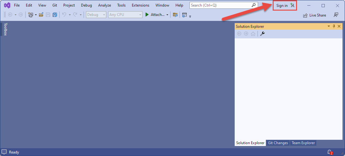 Screenshot showing the button to sign in to Azure using Visual Studio.