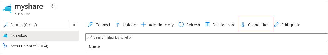 A screenshot of the file share overview page with the change tier button highlighted