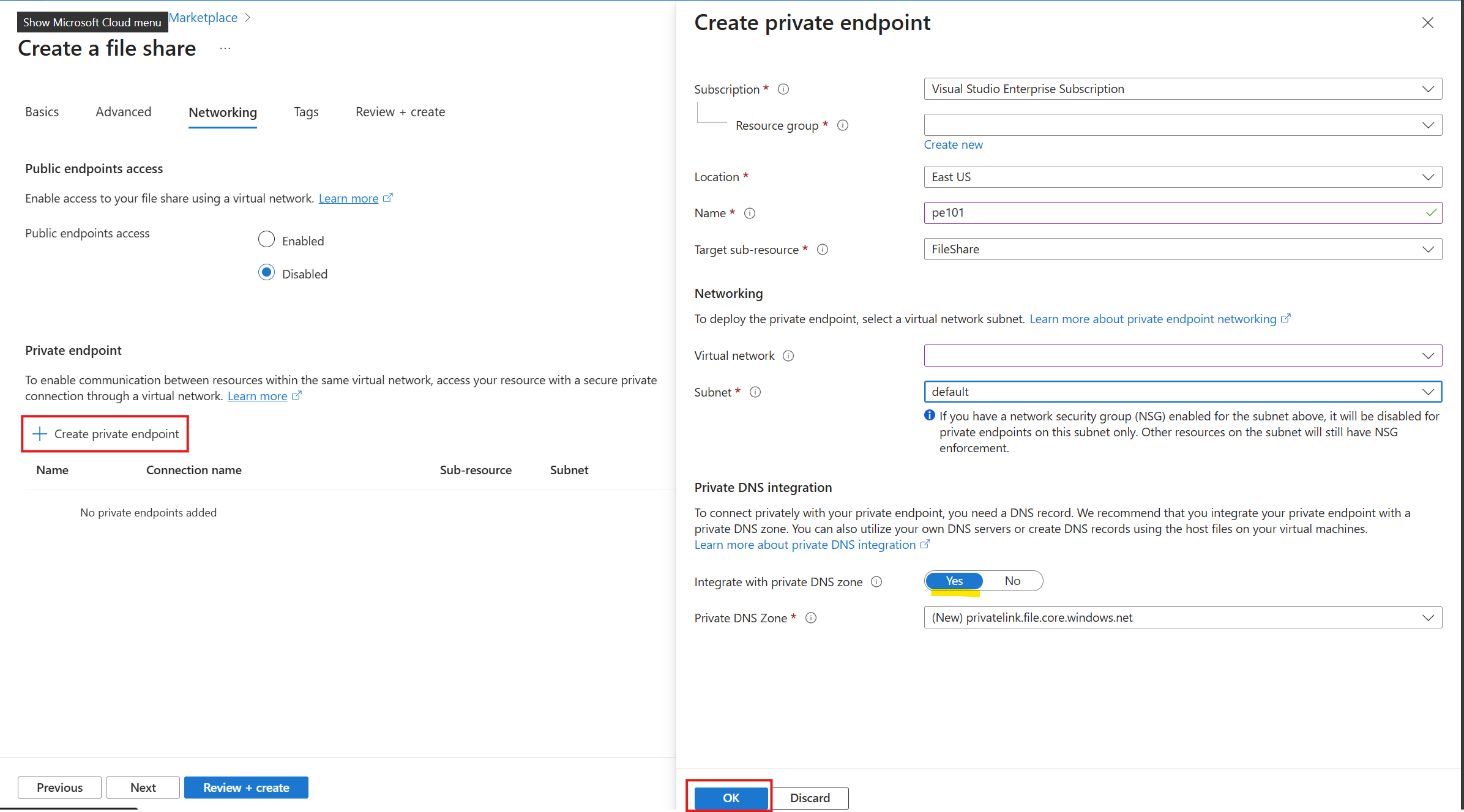 A screenshot of the of the private endpoint tab.