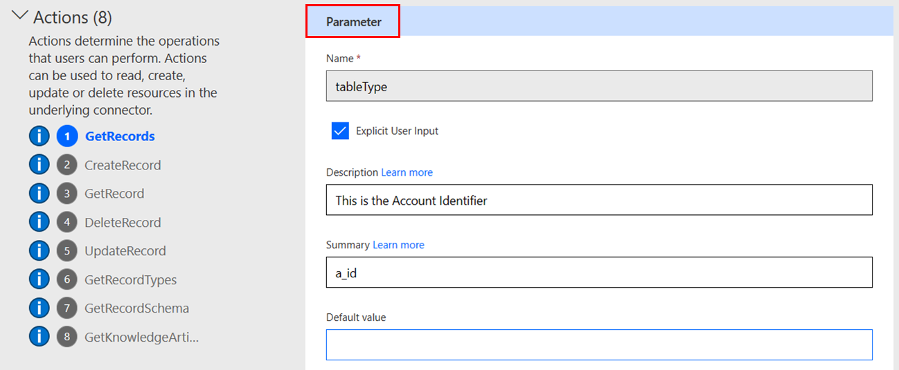 Skjermbilde av feltene på «Parameters»-siden.
