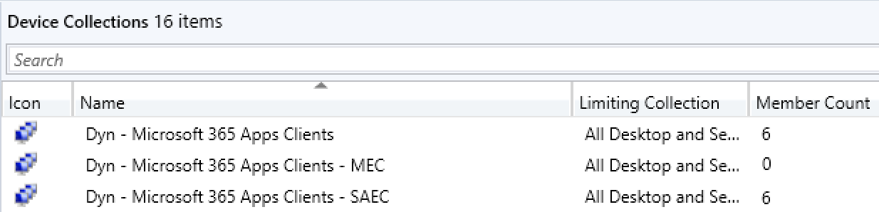 A screenshot from Configuration Manager showing three collections.