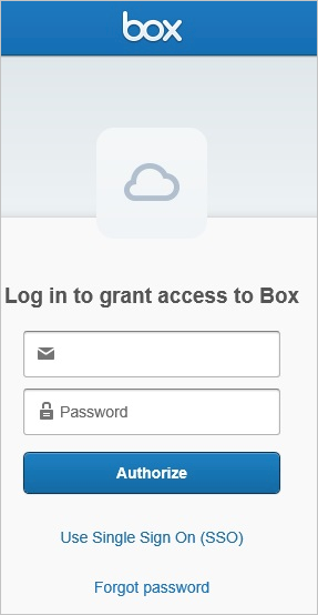 Enable automatic user provisioning Screenshot of the Log in to grant access to box screen, showing entry for Email and Password, and the Authorize button.
