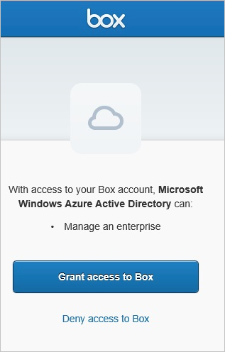 Enable automatic user provisioning Screenshot of the authorize access screen in Box, showing an explanatory message and the Grant access to Box button.