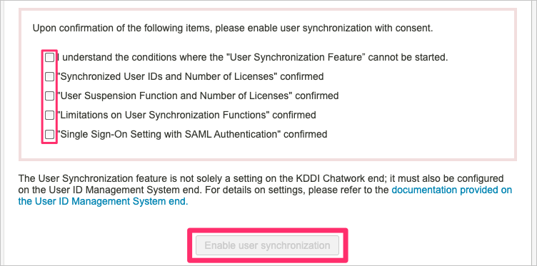 Screenshot of accepting the various items and enable user synchronization button.