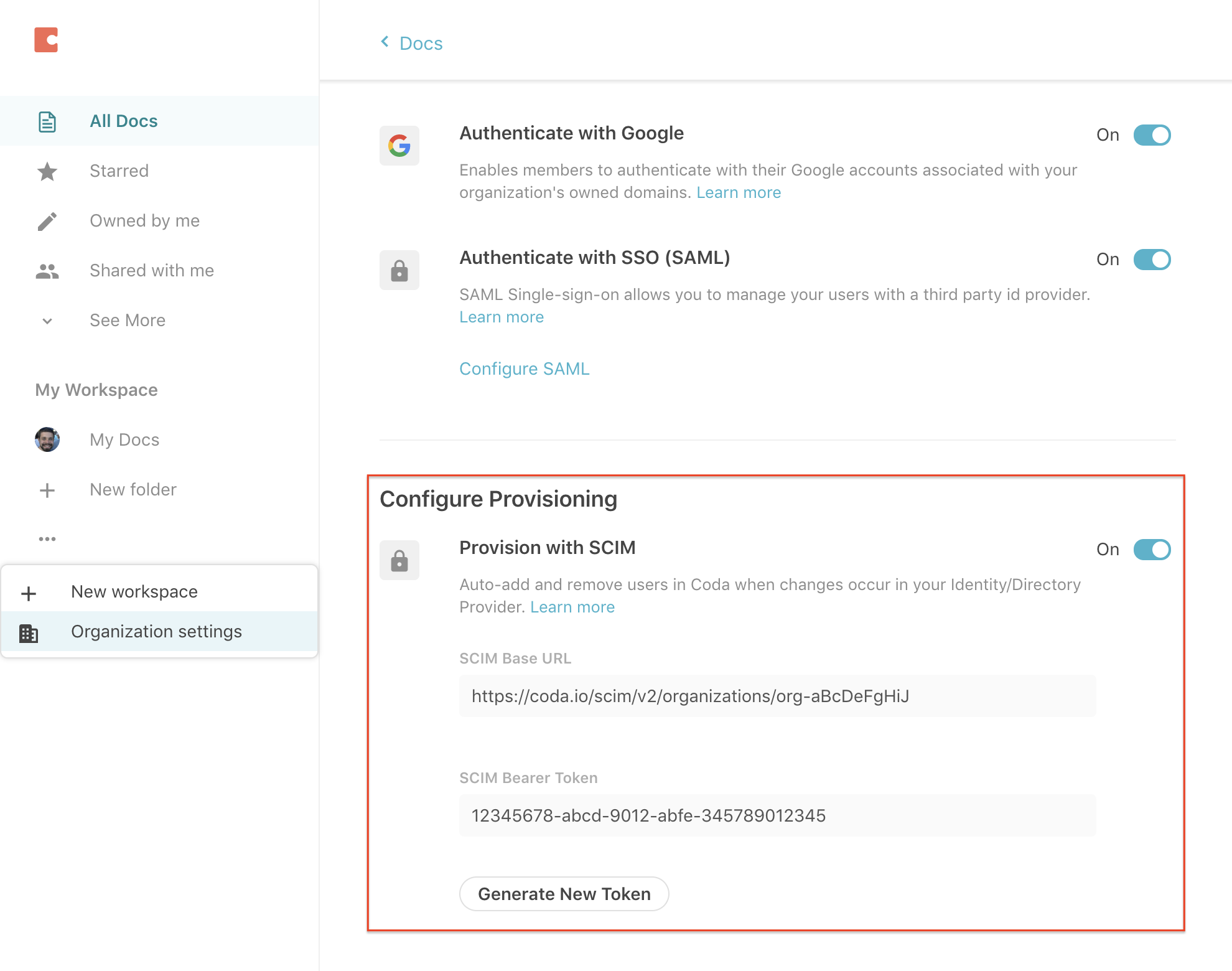 Screenshot of Coda Enterprise Organization SCIM Settings.
