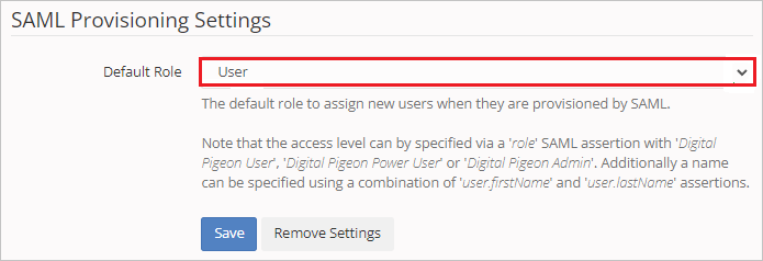 SAML Default Role Screenshot shows how to configure SAML Provisioning Default Role.