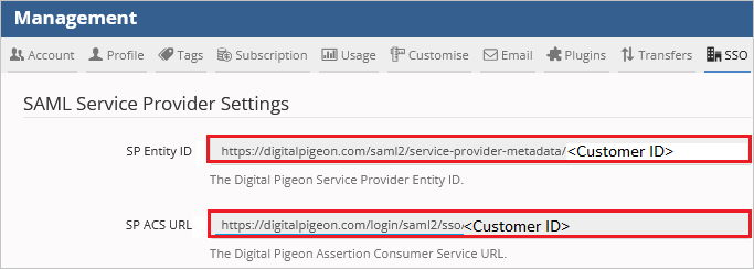 SAML Service Provider Settings Screenshot shows Digital Pigeon SAML Service Provider Settings.