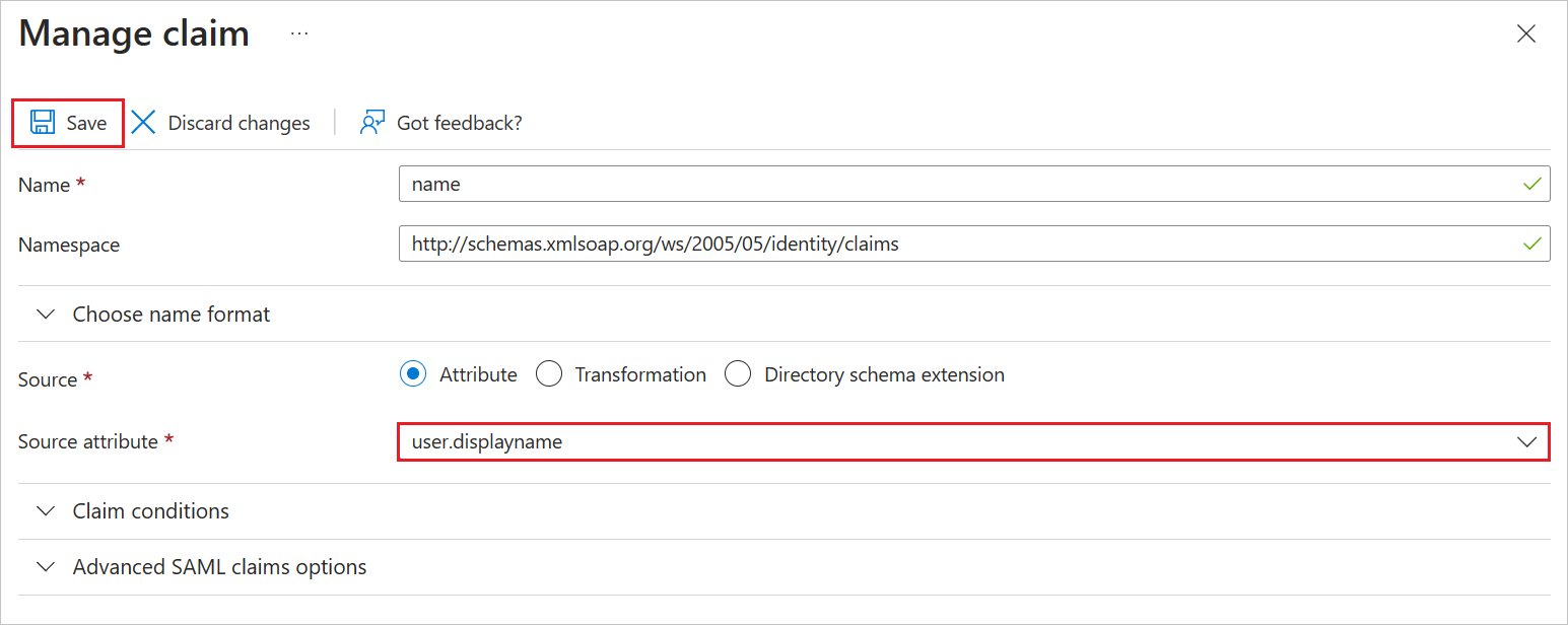 Attribute Screenshot shows the image of name claims configuration.