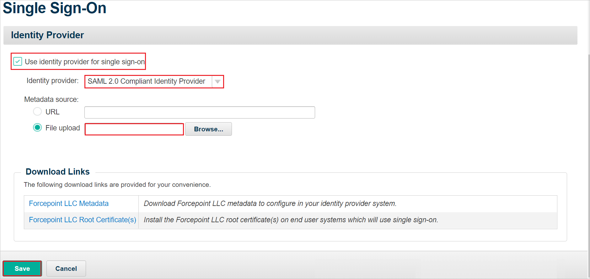 Configuration Screenshot that shows the Single Sign-On Configuration.