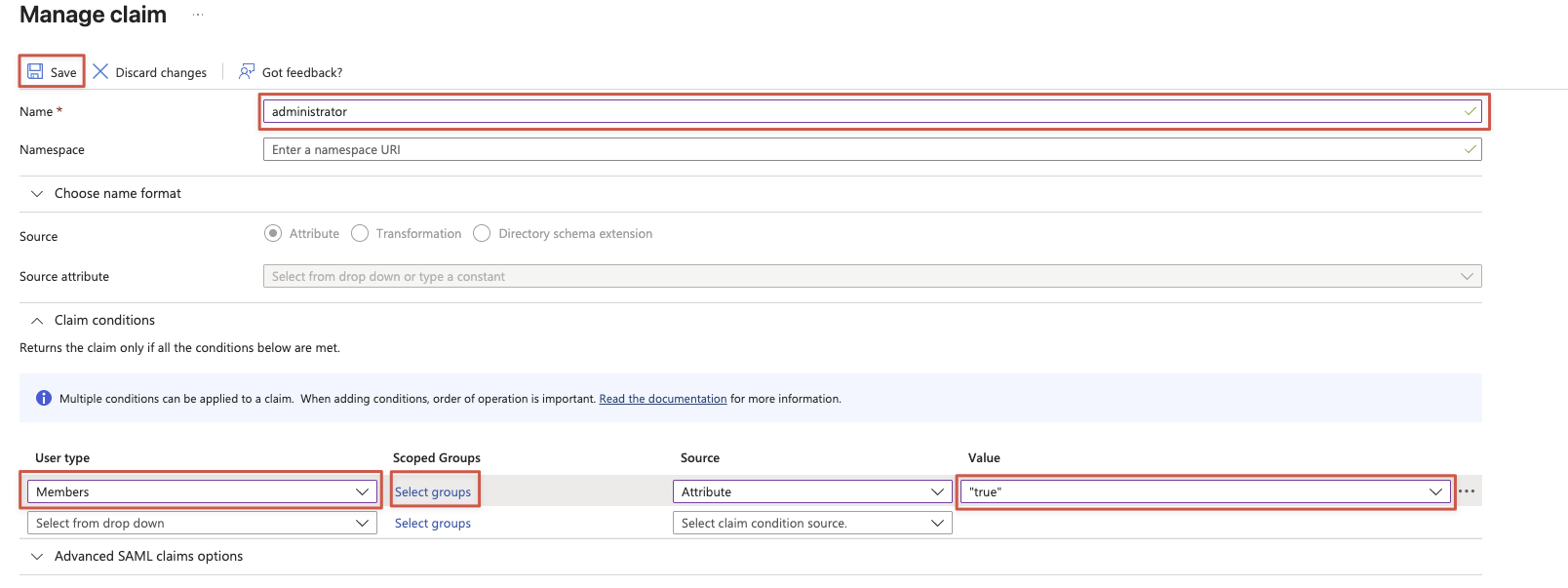 Claims Screenshot shows to manage claim for attributes.