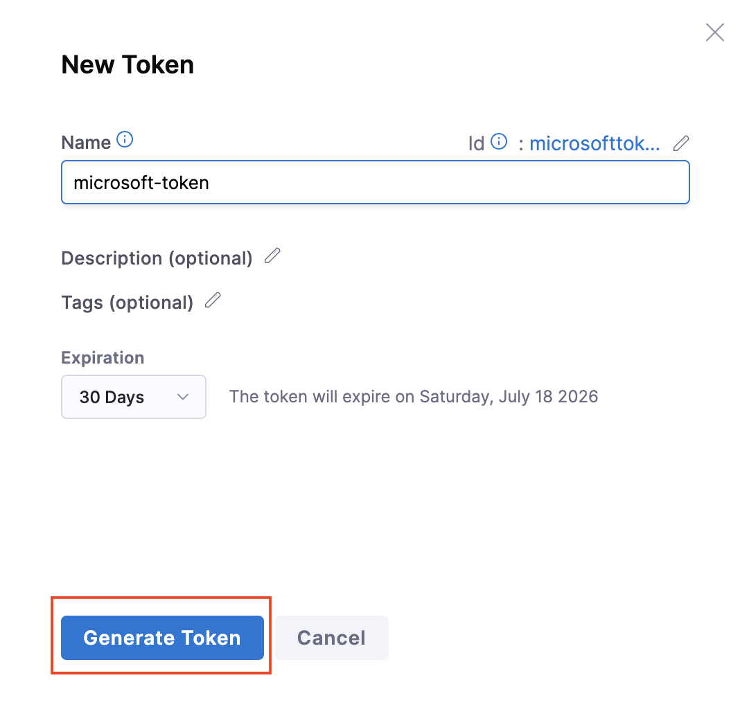Screenshot of the Harness token dialog showing the Generate token and Close buttons.