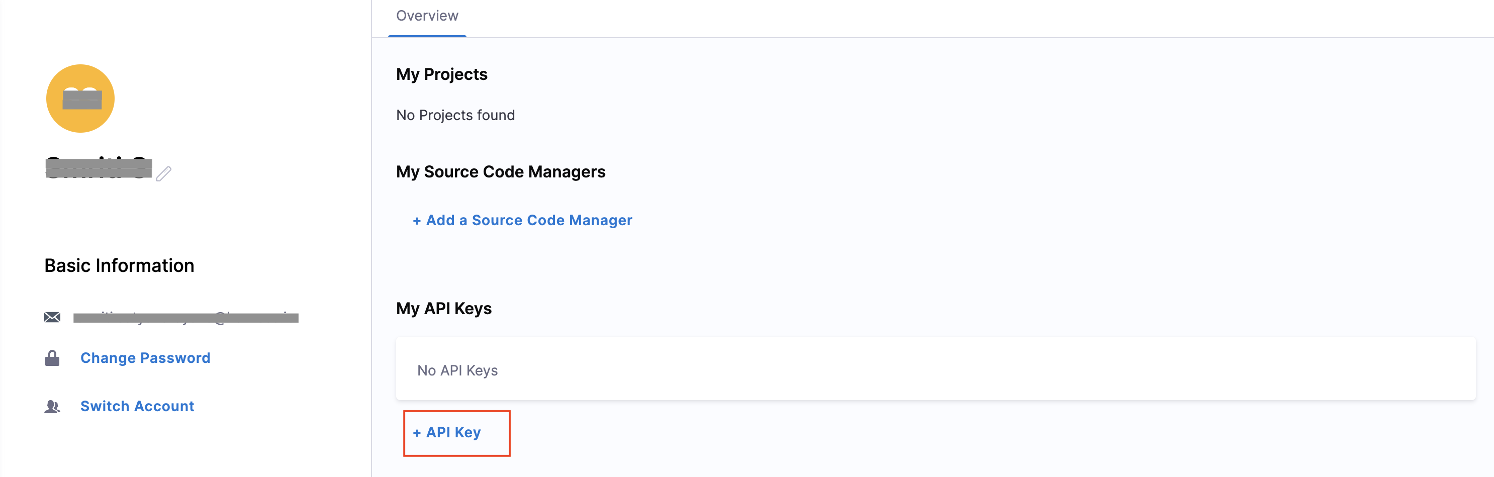 Screenshot of the Harness Profile Overview page showing the +API Key button under My API Keys.