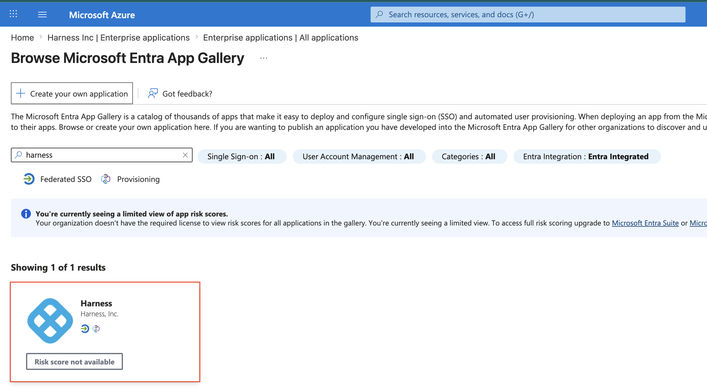 Screenshot of the Microsoft Entra gallery search results with Harness selected and the Add button.