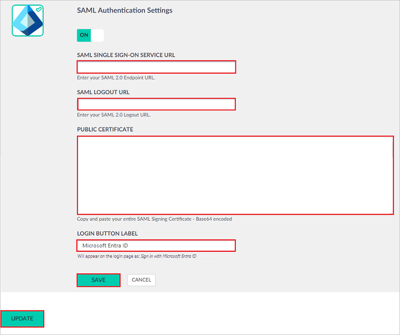 Authentication Screenshot shows the SAML Authentication Settings