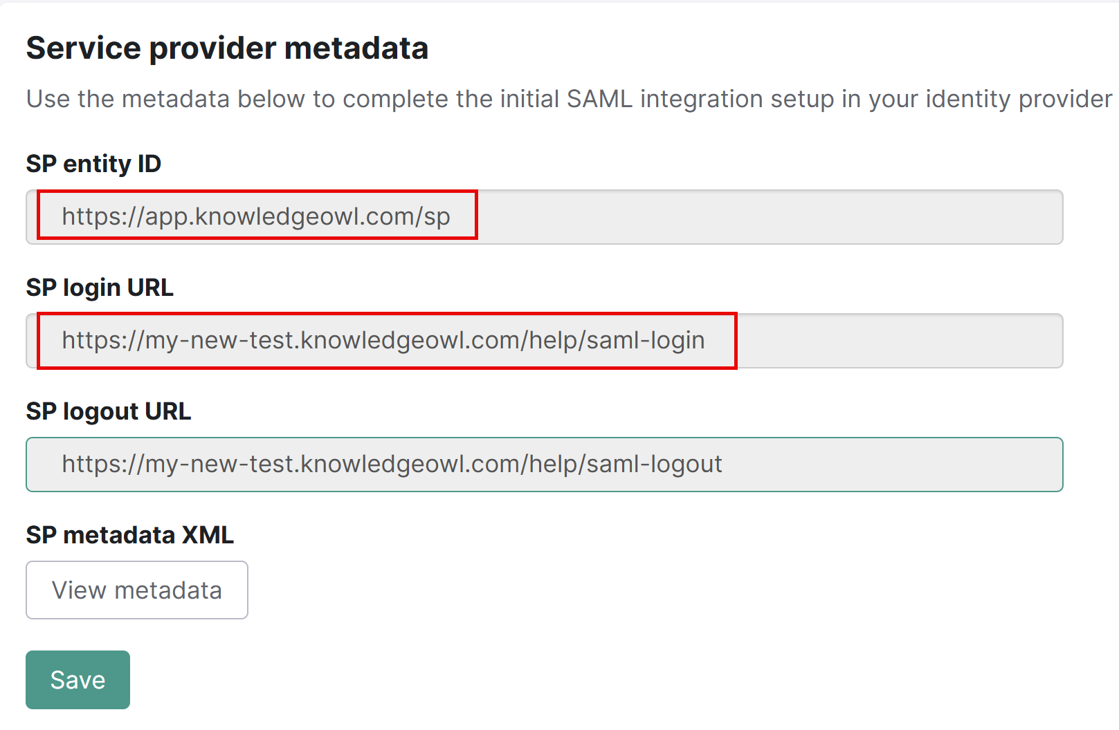 Screenshot shows the Service provider metadata section where you can copy the values mentioned here.