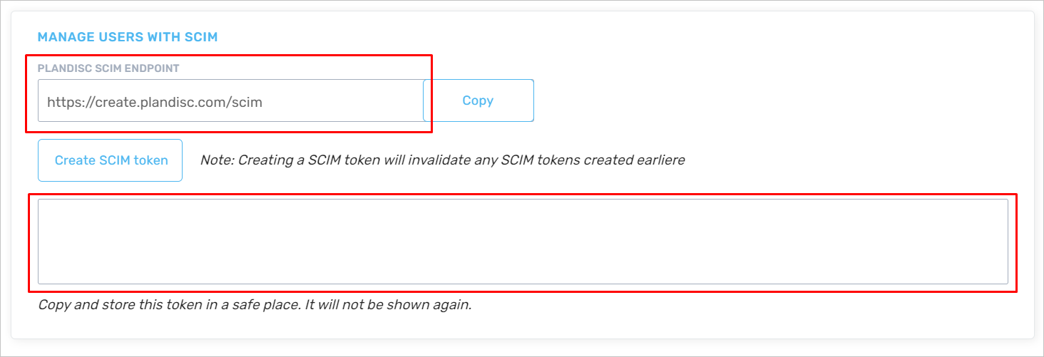 Screenshot of Copy SCIM token from Plandisc.