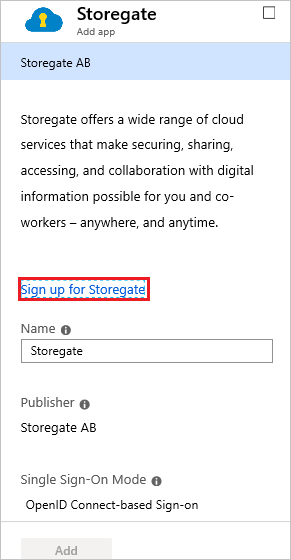 Screenshot of the Storegate OIDC Add signup page.
