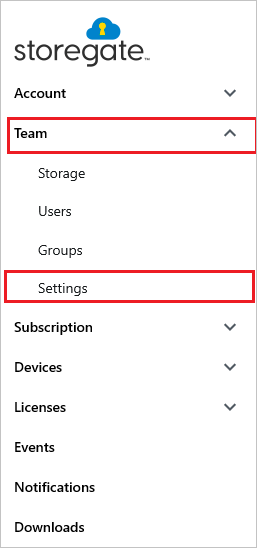 Screenshot of the Storegate team settings page.