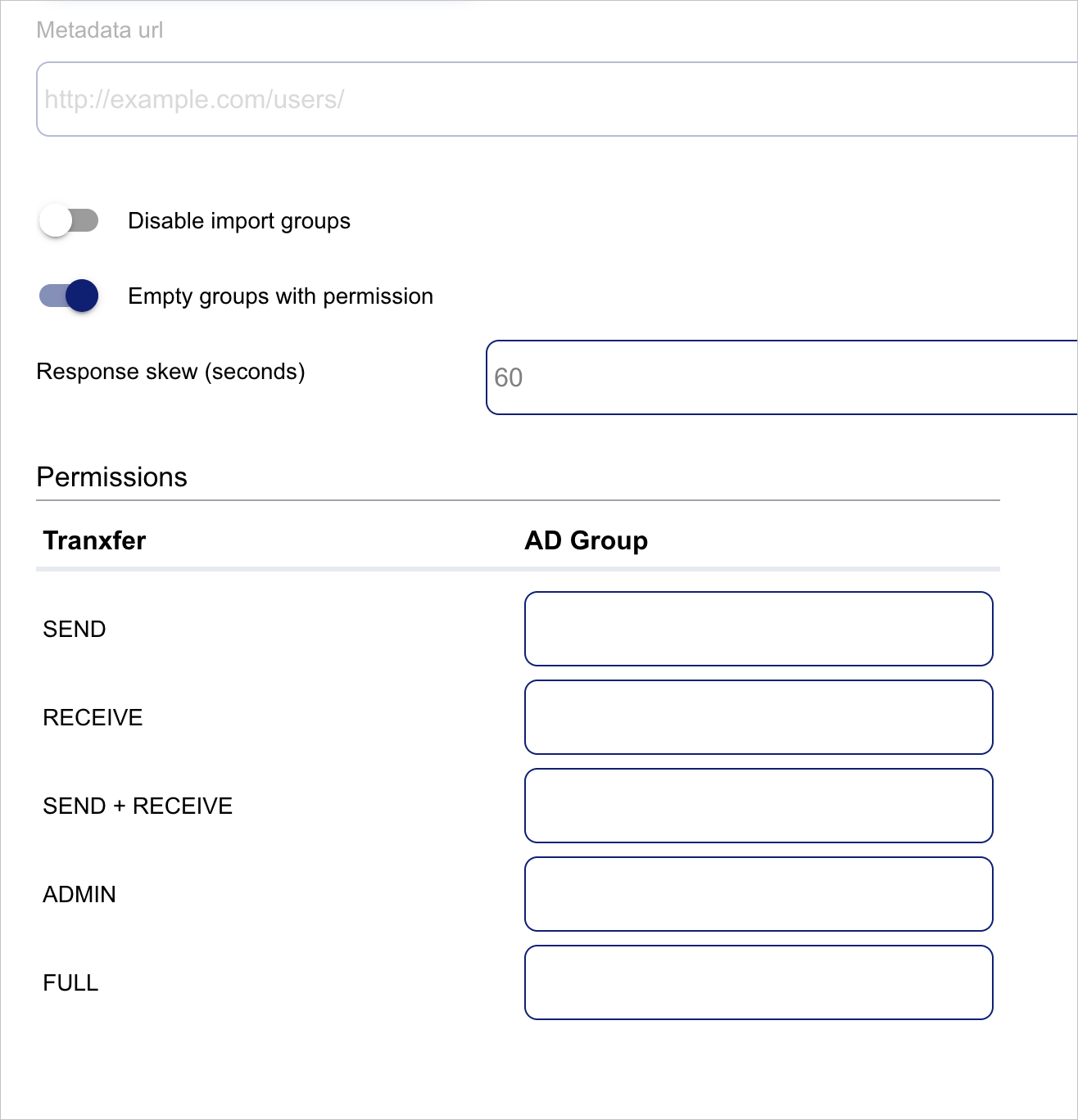 Tranxfer SAML Settings Screenshot shows Tranxfer SAML settings.