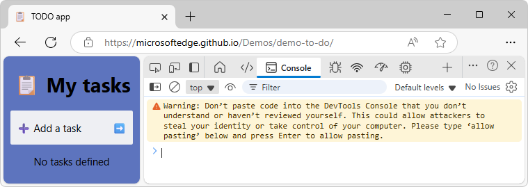 Console displaying the self-XSS warning