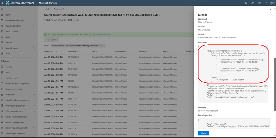 Screenshot of Teams meeting audit logs in Purview that show consent data.