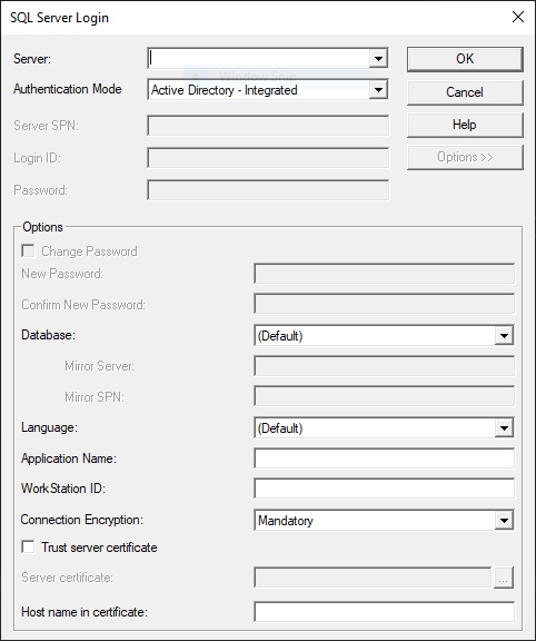 Screenshot of SQL Server Login Dialog Box.