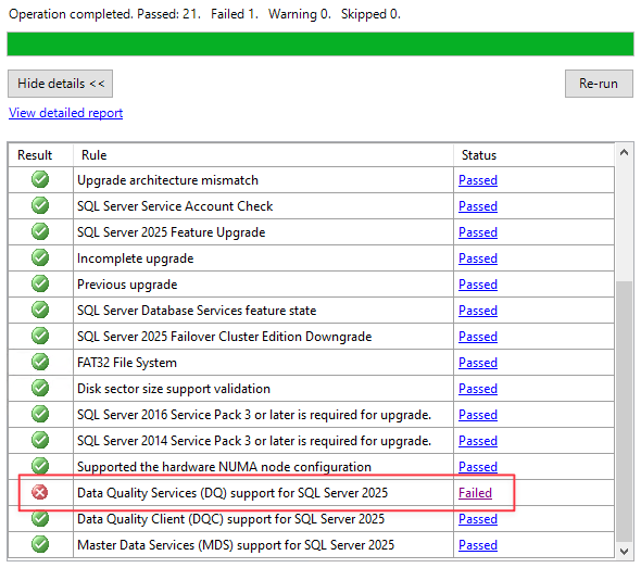 Screenshot of SQL Server Upgrade Feature Rules screen, with the Data Quality Services highlighted in red.