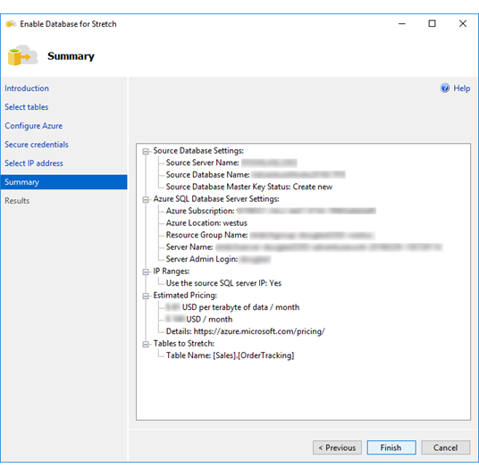Screenshot showing the Summary page of the Stretch Database wizard.