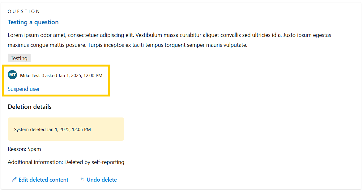 Skjermbilde av hvordan du suspenderer en bruker.