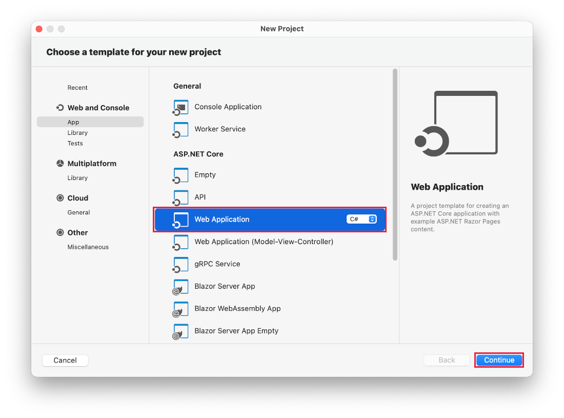 macOS web app template selection