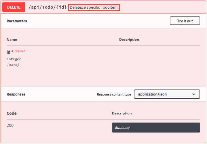 Swagger UI showing XML comment 'Deletes a specific TodoItem.' for the DELETE method.