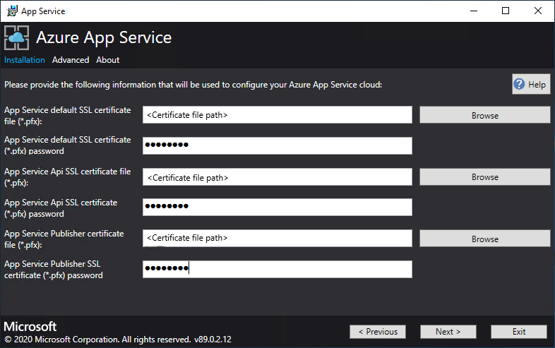 Screenshot that shows the screen where you provide the details of the required certificates in the App Service Installer