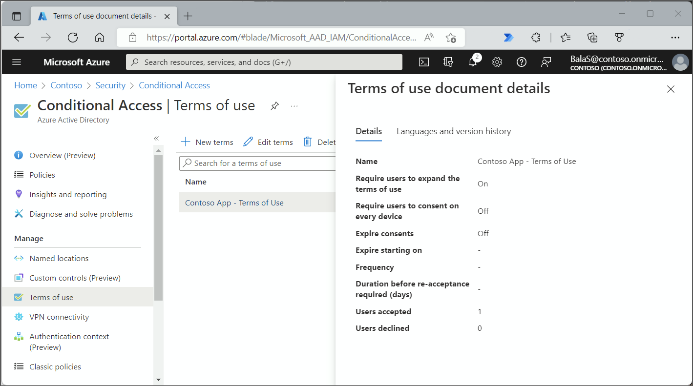 A screenshot showing the terms of use blade listing the number of user show have accepted and declined.