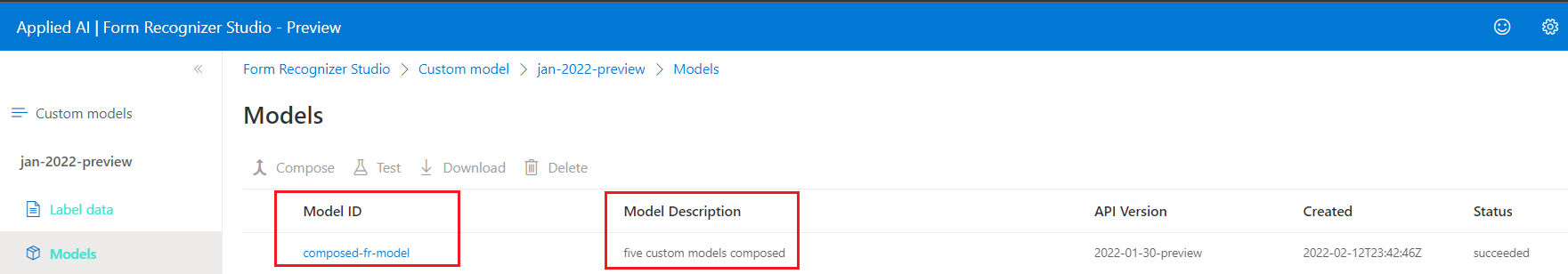 Screenshot of a composed model ID in Document Intelligence Studio.