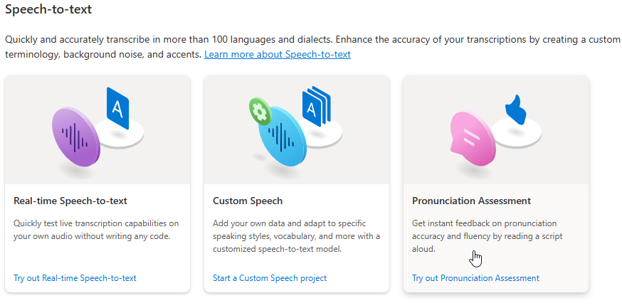 Screenshot of how to go to Pronunciation Assessment on Speech Studio.