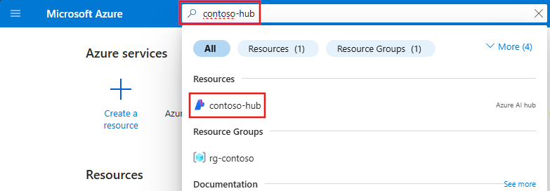 Screenshot of using the search field in the Azure portal to find a hub.