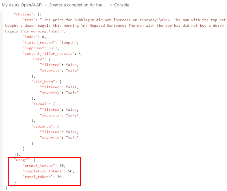 Screenshot of token usage data in API response in the portal.
