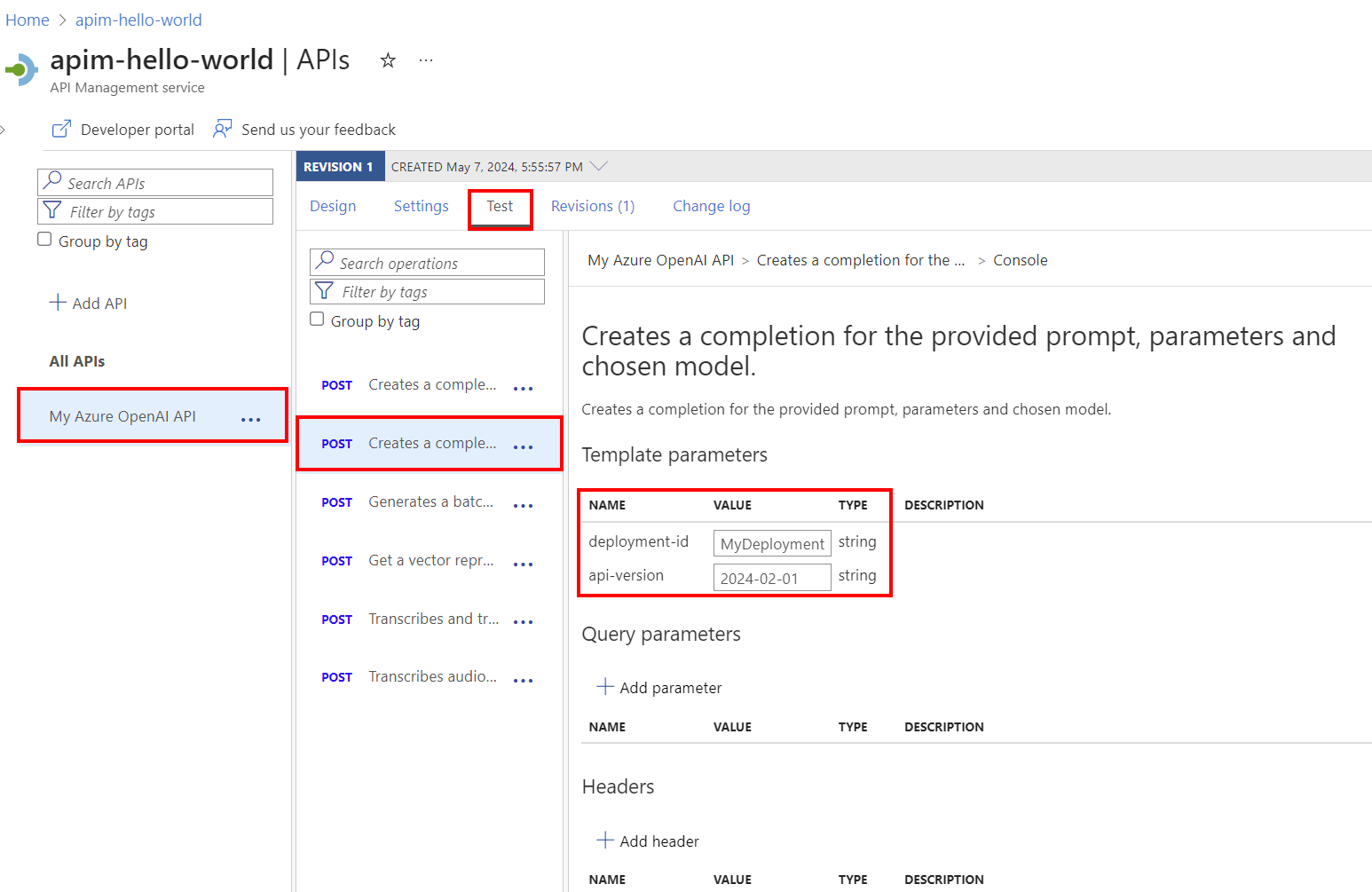 Screenshot of testing an Azure OpenAI Service API in the portal.